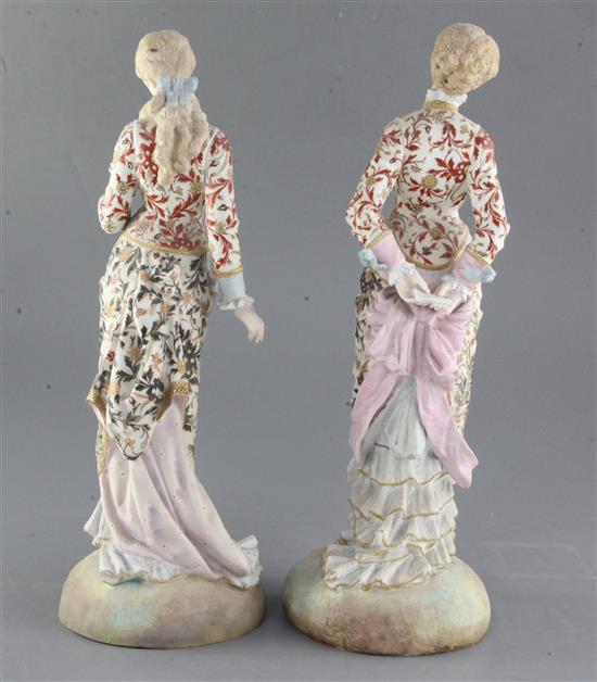 Two French painted biscuit porcelain figures of elegant ladies, late 19th century, height 35.5cm and 36cm